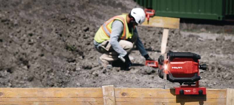 PR 40-22 Rotationslaser für Oberflächen mit Einfachneigung Robuste Außen-Rotationslaser-Wasserwaage mit Automatikfunktionen zum Nivellieren, Ausrichten, Neigen und Quadrieren über große Entfernungen (Nuron-Batterieplattform) Anwendungen 1